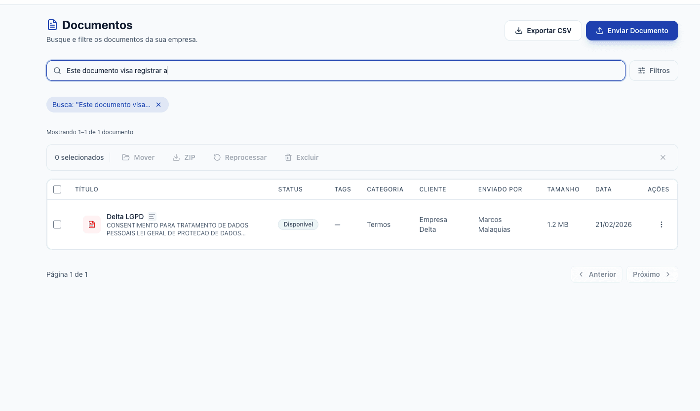 Documentos — busca por conteúdo com OCR, filtros por cliente e categoria